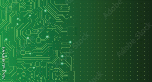 Green digital technology background with circuit lines and copy space frame