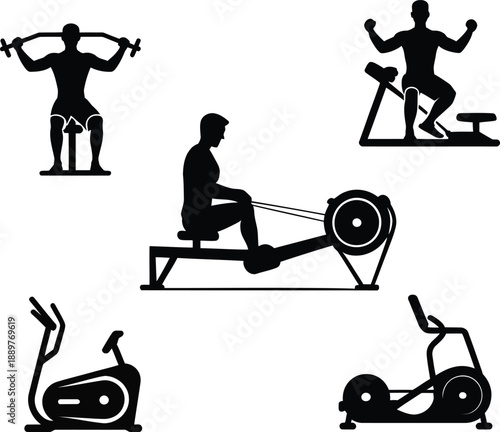 Black silhouettes of people exercising on various gym equipment