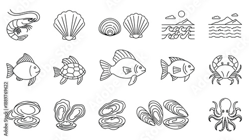 Black and white line art icon set of various seafood and marine life, including fish, shrimp, crab, oyster, clams, and octopus.