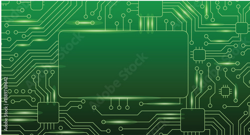 Green digital technology background with circuit lines and copy space frame