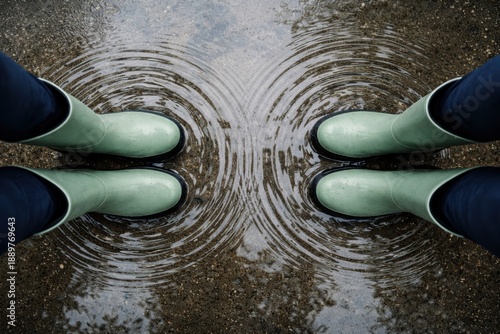 Ripples in Reflection: A symmetrical scene unfolds as rain-kissed boots meet the surface of a puddle, creating a mirror-like spectacle of concentric ripples.
