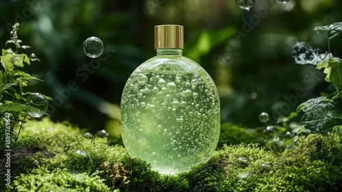 Eco-friendly green bottle with bubbles on mossy forest background