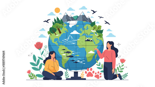 Two women studying a globe of the Earth surrounded by nature, animals, and flowers, illustrating the concept of environmental care.