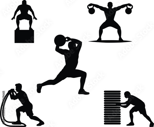 Black silhouettes of people exercising with weights and battle ropes