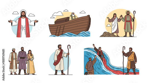 A set of six illustrations depicting famous bible stories, including Jesus Christ, Noah's Ark, and Moses parting the Red Sea.