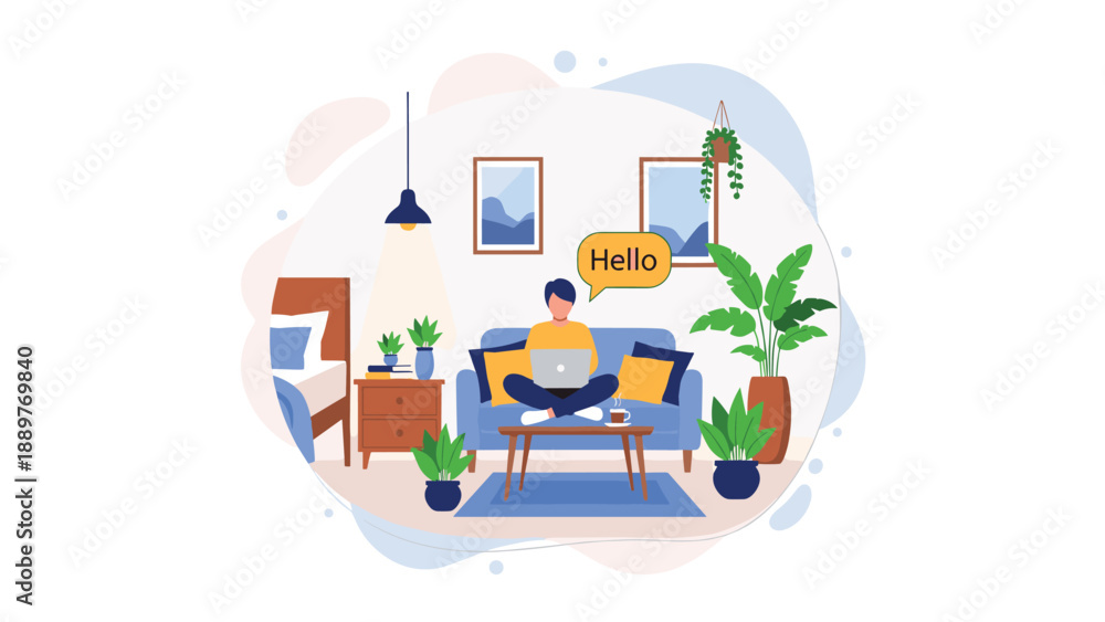 Naklejka premium A man working on his laptop while sitting comfortably on a sofa in a cozy, plant-filled living room, representing remote work.