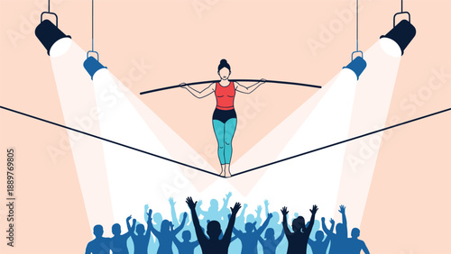 A skilled female tightrope walker carefully balancing with a pole under spotlights, performing for an enthusiastic crowd at a show.