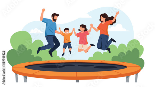 A happy family with a mother, father, son, and daughter all jumping together on a trampoline outdoors, enjoying quality time.