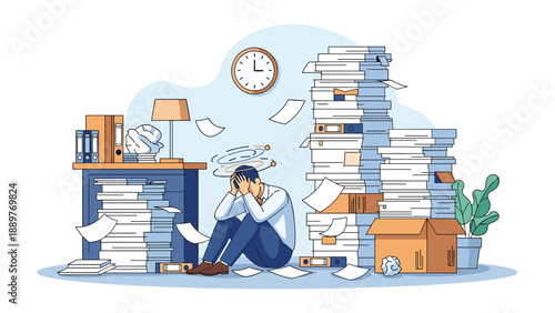 An overworked and dizzy businessman sitting on the floor, stressed by huge piles of documents and paperwork in a cluttered office.