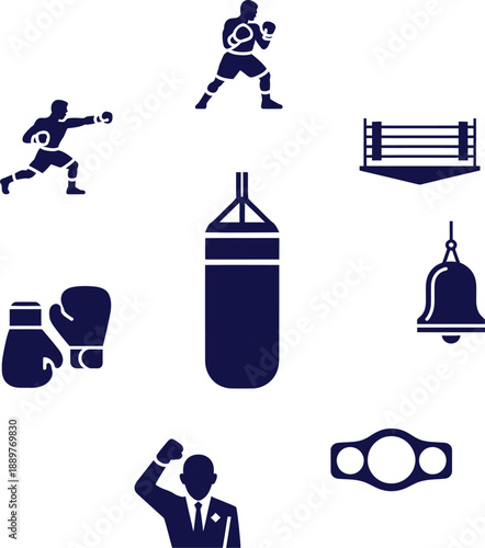 Boxing including punching bag gloves ring and fighters