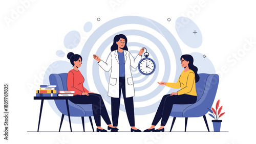 A female hypnotherapist using a pocket watch to conduct a group therapy session with two women, exploring the subconscious mind.
