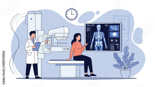 A doctor explaining the results of a medical scan to a female patient, with an x-ray of a human skeleton visible on a large screen.