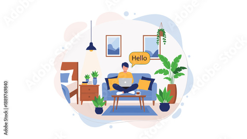 A man working on his laptop while sitting comfortably on a sofa in a cozy, plant-filled living room, representing remote work.