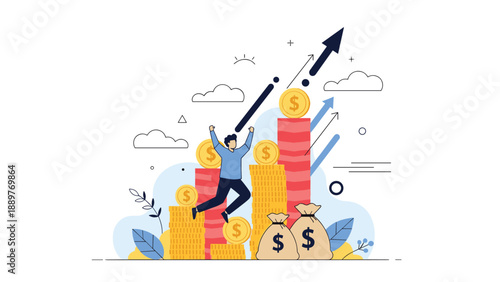 A cheerful businessman jumping for joy on growing stacks of gold coins, celebrating financial success, profit, and investment growth.