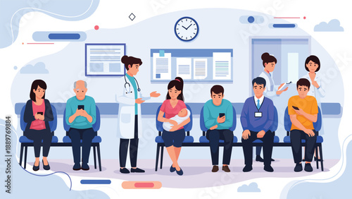 Diverse group of patients sitting in a hospital waiting room, looking at their phones while a doctor speaks with a new mother.