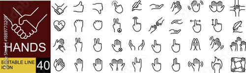 Set of 40 Hand Gestures and Finger Icons for UI UX Design Social Media and Communication in Editable Line Style Vector