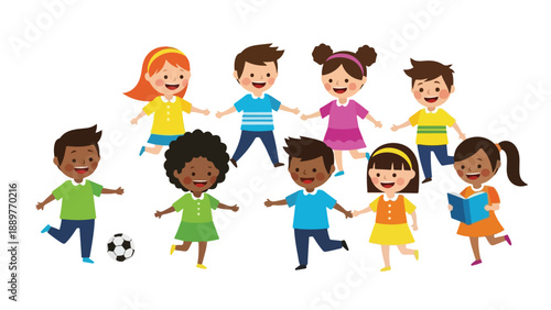 Diverse group of children holding hands in a circle with a soccer ball, promoting unity and anti-racism awareness on a white background with a colorful and joyful mood.