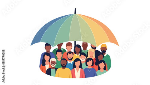 Diverse group of people standing under a colorful umbrella, symbolizing unity and awareness against racial discrimination on International Day for the Elimination of Racial Discrimination, March 21.