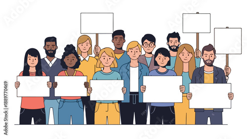 Diverse group of people holding blank signs and placards standing together in solidarity on March 21 for anti-racism awareness and against racial discrimination and elimination.