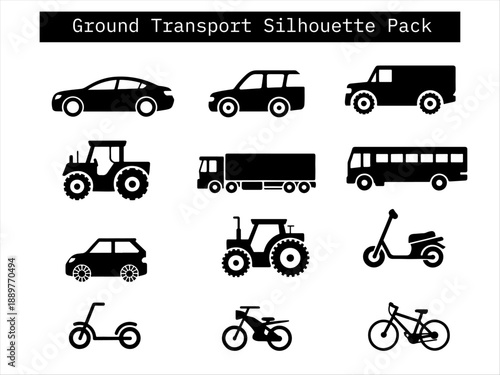 Vector silhouettes of 12 land vehicles including sedan, SUV, pickup, tractor, bus, and bicycle