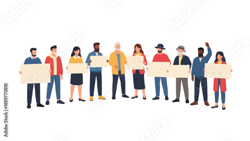 Diverse group of people holding signs in a line, promoting awareness against racial discrimination on International Elimination Day, march 21, with a bold and united mood.