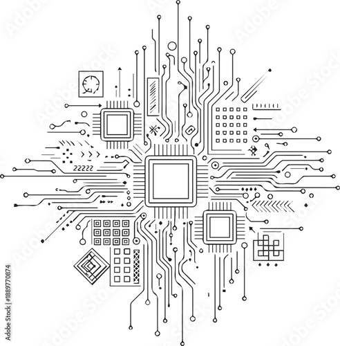 Abstract Circuit Board Design Technology Digital Data Processing Microchip Illustration