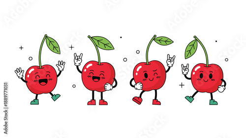 Group of cheerful cherry characters dancing and showing rock on hand signs with green leaves and stems on a white background.