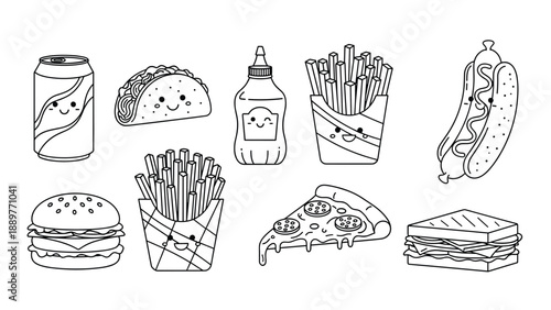 Charming collection of black and white outline food characters with smiling faces including fries, pizza, and a burger.