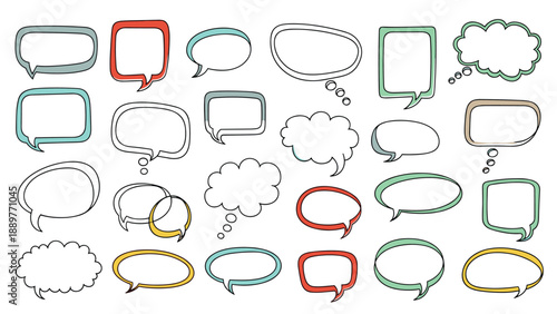 Large set of colorful hand-drawn speech and thought bubbles in various shapes and sizes isolated on a white background.