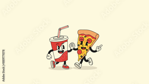 Retro style cartoon characters of a soda cup and a pepperoni pizza slice fist-bumping and smiling against a light yellow background.