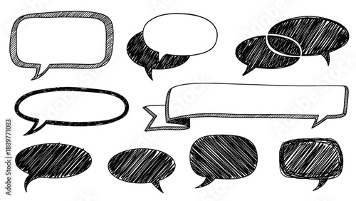 Collection of hand-drawn sketchy speech bubbles and text banners in black and white styles featuring various shapes and textures.
