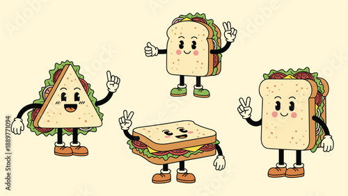 Set of four retro style cartoon sandwich characters with different shapes, expressions, and poses featuring tasty food ingredients.
