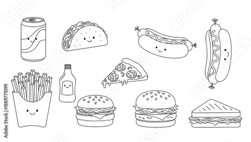 Black and white line art collection of various fast food items like pizza, burgers, fries, and drinks with cute little smiling faces.