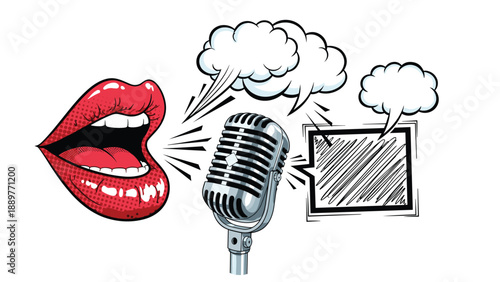 Creative pop art illustration featuring large red lips speaking into a retro microphone with empty comic speech bubbles for text.
