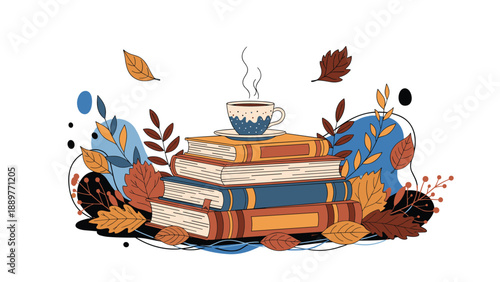 Cozy autumn illustration featuring a stack of old books with a steaming cup of coffee on top surrounded by falling fall leaves.