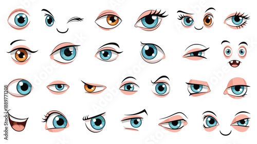 Large collection of various cartoon eye styles and expressions including blue and brown eyes with different moods and cute mouths.