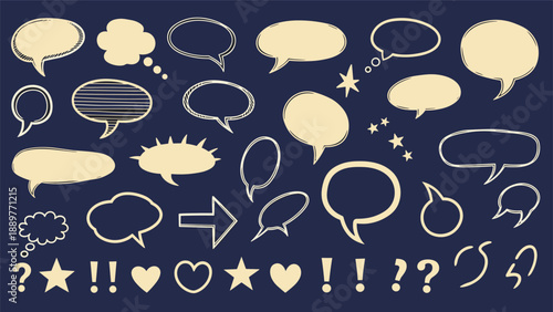 Extensive collection of sketchy hand-drawn speech bubbles and various symbols in cream color against a dark blue background.