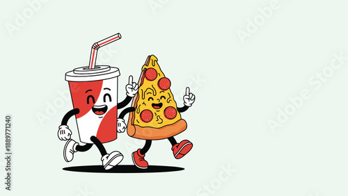 Retro cartoon characters of a soda cup and a pepperoni pizza slice pointing up and smiling together on a light green background.