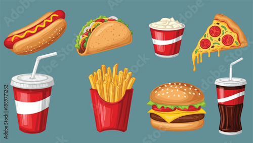Delicious fast food collection including burger, pizza, fries, hot dog, taco, and soda with realistic details on a blue background.
