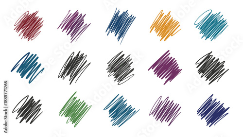 Set of fifteen colorful hand-drawn scribbles and hatched textures in various shades like red, purple, blue, yellow, and green.