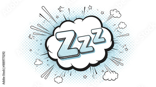 Comic book style sleeping bubble with a white cloud and blue Zzz text over a blue and white halftone dot pattern background.
