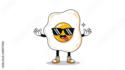 Playful kawaii-style character of a fried egg wearing dark sunglasses and sticking its tongue out on a white background.
