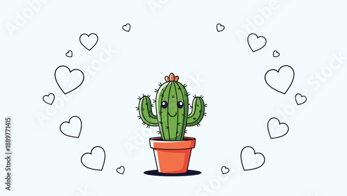 Adorable kawaii-style cactus in a red pot surrounded by a circle of floating white heart outlines on a pale blue background.