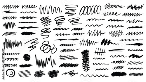 Extensive collection of black ink scribbles, wavy lines, and messy hand-drawn strokes arranged on a plain white background.