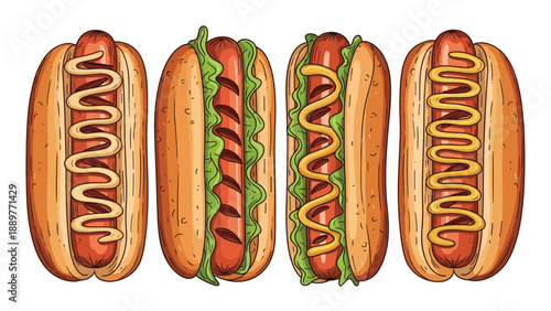 Set of four detailed hot dog illustrations featuring different combinations of toppings like mustard and green lettuce.