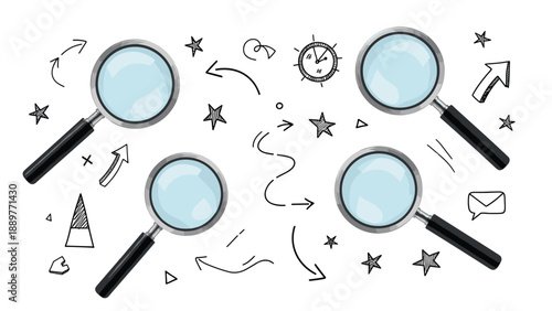 Group of realistic magnifying glasses arranged among whimsical hand-drawn doodles of stars and arrows on a white background.