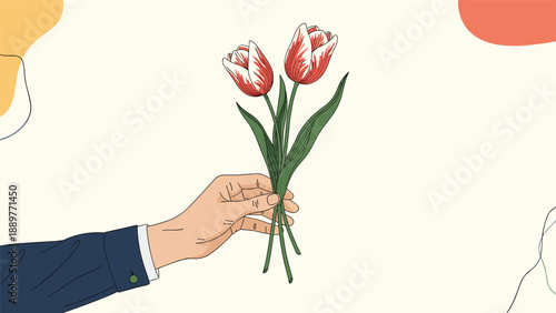 Hand holding a simple bouquet of two red and white tulips set against a minimalist background with colorful abstract shapes.