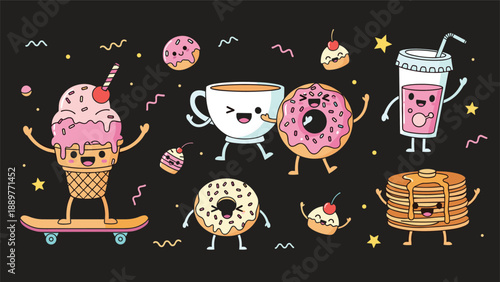 Fun collection of cute kawaii dessert characters like ice cream and donuts on a dark background with confetti and stars.