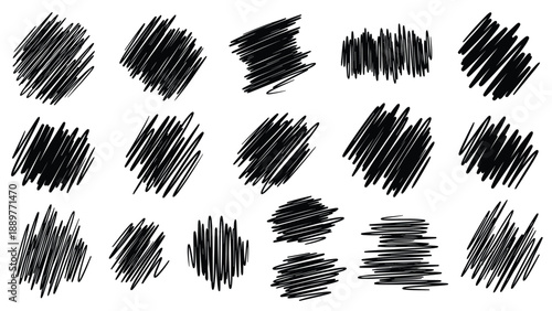 Large set of various black ink hand-drawn scribble circles and brush stroke shapes for creative design on a white background.