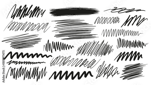 Diverse collection of messy hand-drawn black ink scribbles and zigzag line textures for artistic backgrounds on plain white.